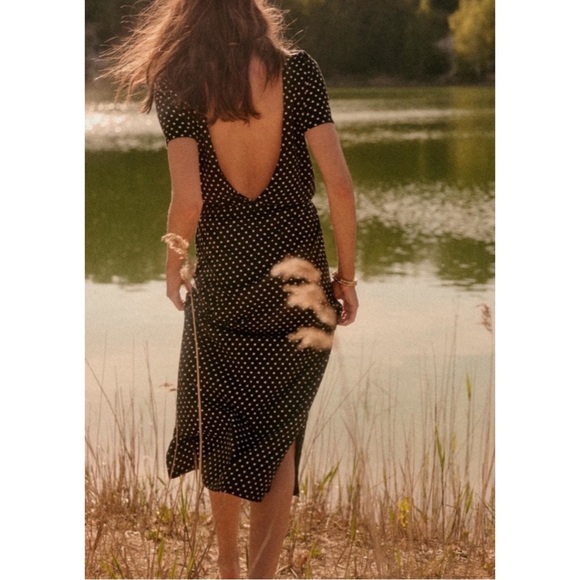 SEZANE Black & White Polka Dot Printed Open Back Organic Cotton Luce Midi Dress - Picture 7 of 14